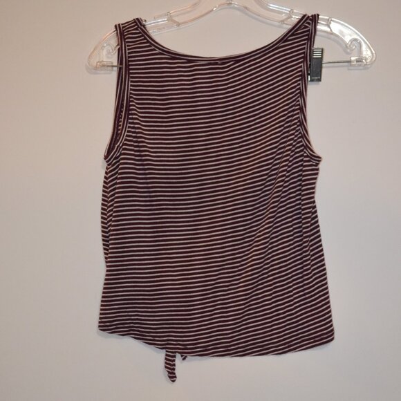 SPLASH Brown-White Stripes Pattern Small Front Pocket Tied Waist Rayon Top S - Picture 2 of 6
